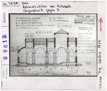 Vorschaubild Trier, Dom: Rekonstruktion von Kutzbach, Längsschnitt gegen Norden. Skizze Wolfgang Schöne 1962 